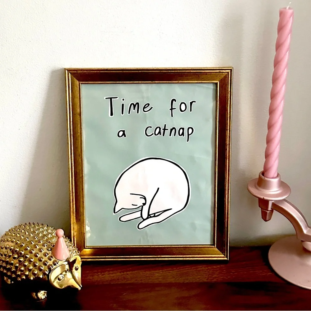 Time for a Catnap Canvas Art Print Cat Art Gold Framed Wall Hang Art 9.25x11.25”